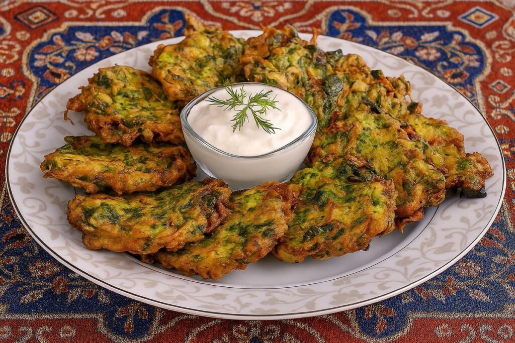 Чиния с хрупкави зеленчукови кюфтета тип мюджвер, поднесени в традиционен турски стил върху орнаментирана покривка, със сос от кисело мляко в центъра, украсен с копър.