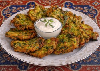 Чиния с хрупкави зеленчукови кюфтета тип мюджвер, поднесени в традиционен турски стил върху орнаментирана покривка, със сос от кисело мляко в центъра, украсен с копър.