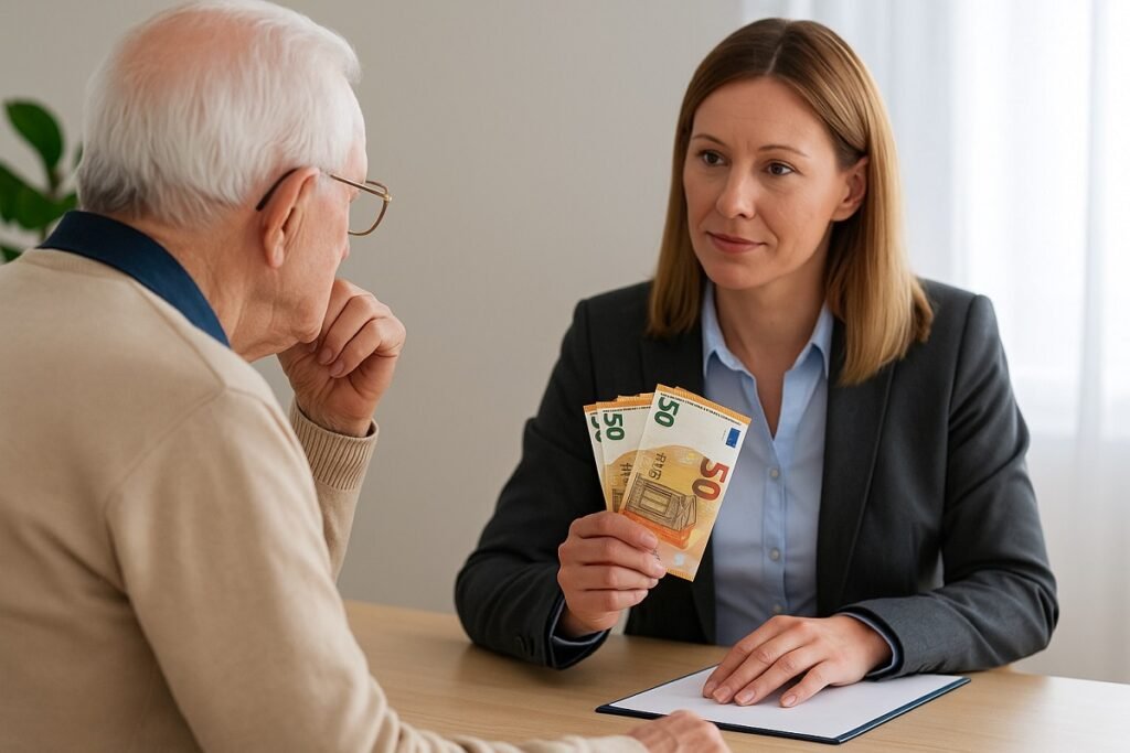 Експерт и възрастен човек, заснети в гръб, преглеждат документи до евро банкноти върху бюро в светъл офис.