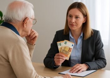 Експерт и възрастен човек, заснети в гръб, преглеждат документи до евро банкноти върху бюро в светъл офис.