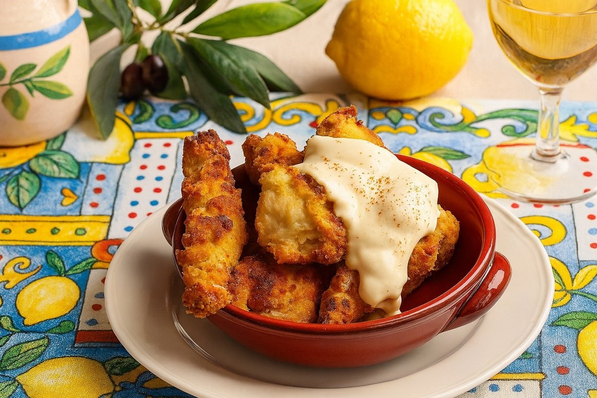 Златисти хрупкави пилешки филенца с коричка от кисело мляко, поднесени със свеж сос.