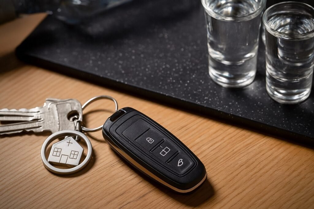 Ключове на автомобил, поставени до шотове с алкохол върху дървена повърхност – визуален акцент върху риска от шофиране след употреба на алкохол.