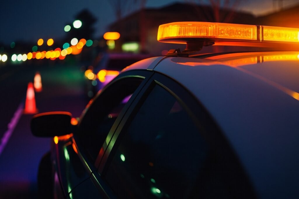 Полицейски автомобил с включени светлини е заснет привечер на фокус, с размазани градски светлини и конуси на пътя на заден план.