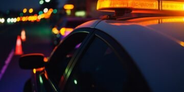 Полицейски автомобил с включени светлини е заснет привечер на фокус, с размазани градски светлини и конуси на пътя на заден план.