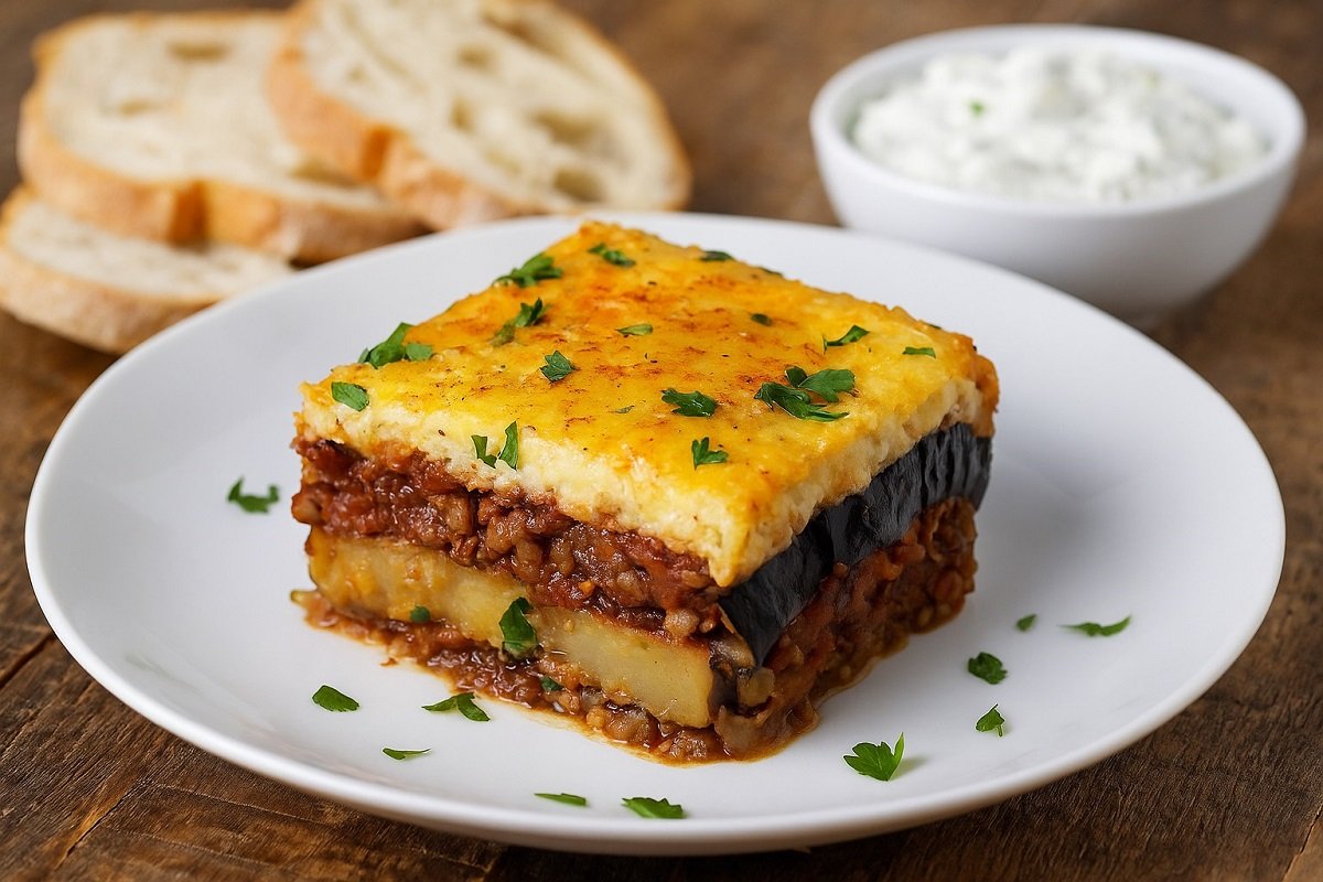 Постна мусака с леща, сервирана в бяла чиния в средиземноморски стил – до нея хрупкав хляб, купичка дзадзики и свежа салата с маслини, домати и краставици, върху дървена маса с топла дневна светлина