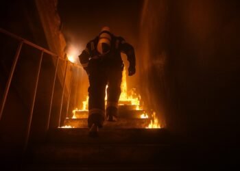 Пожарникар се изкачва по горящо стълбище в задимен коридор по време на инцидент, обграден от пламъци и осветен от оранжева светлина.