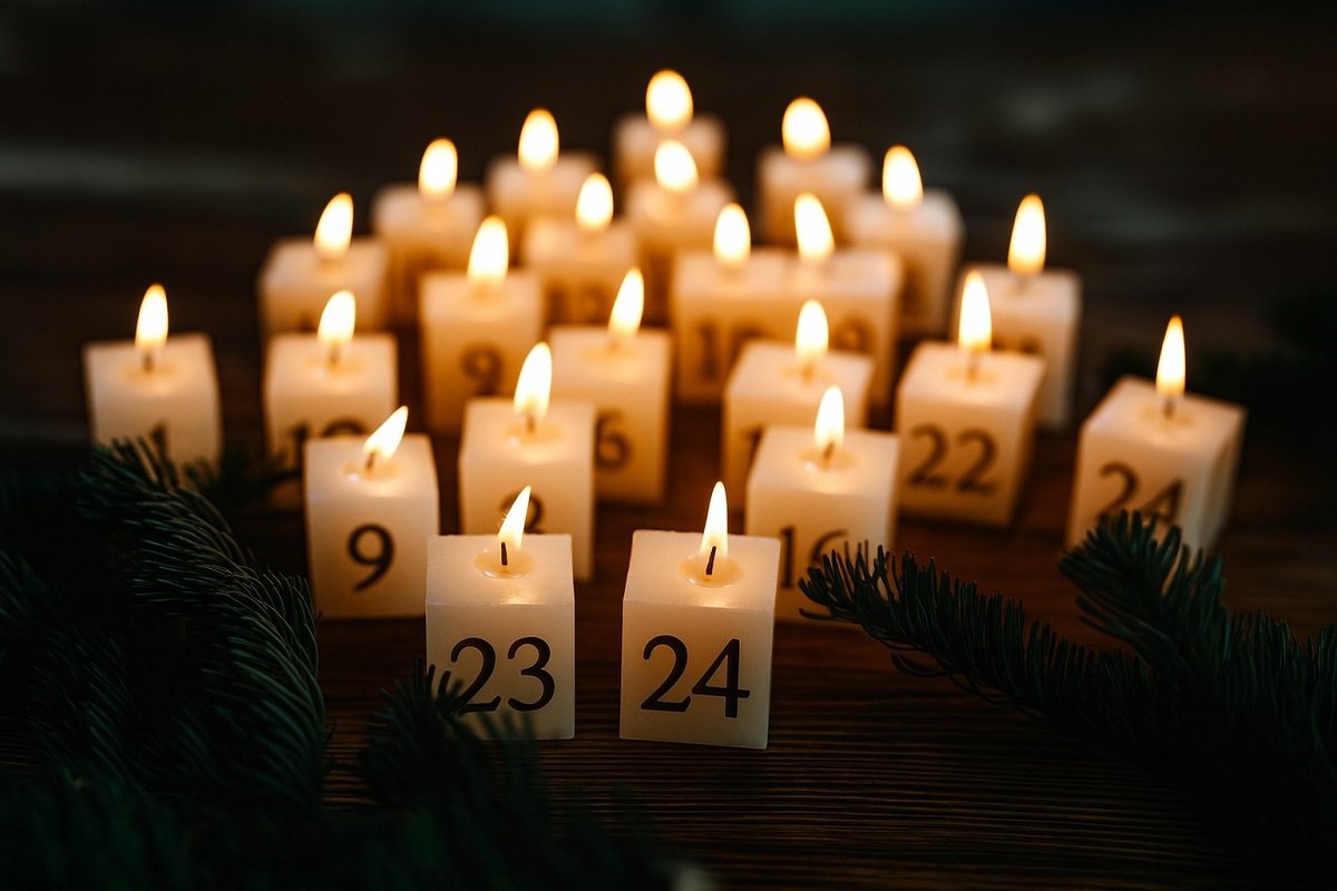 Свещи с дати като празничен календар, подредени върху дървена повърхност с топло коледно осветление.
