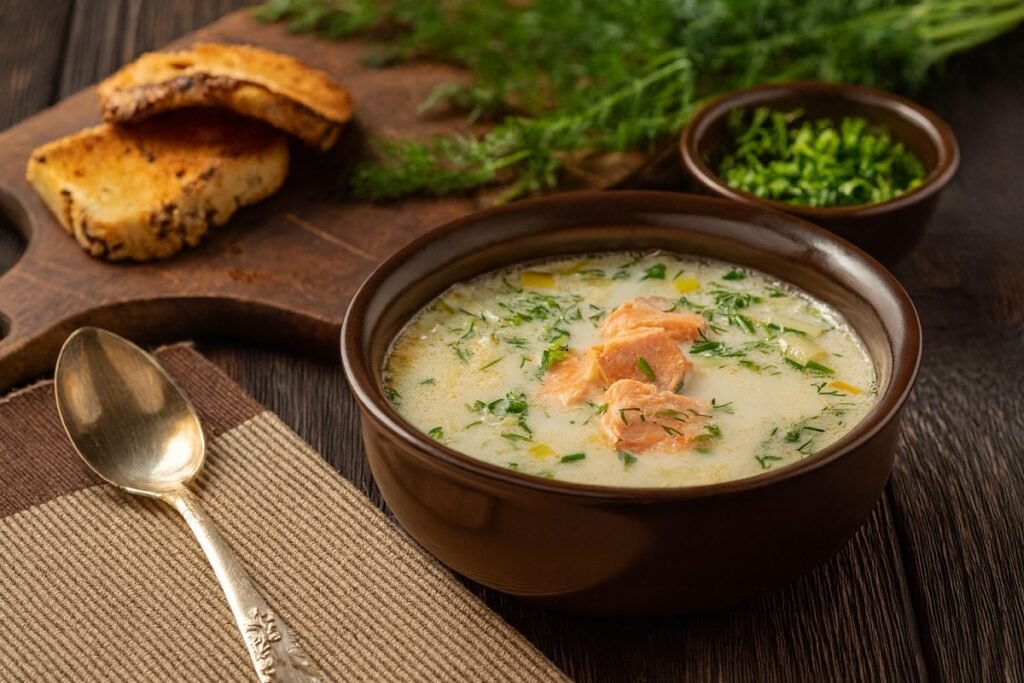 Рибена чорба по варненски, сервирана в тъмна купа с копър и препечени филийки върху дървена дъска