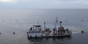 Риболовен кораб в открито море, заснет при тихо време, с разположени в далечината плаващи буйове по повърхността на водата.