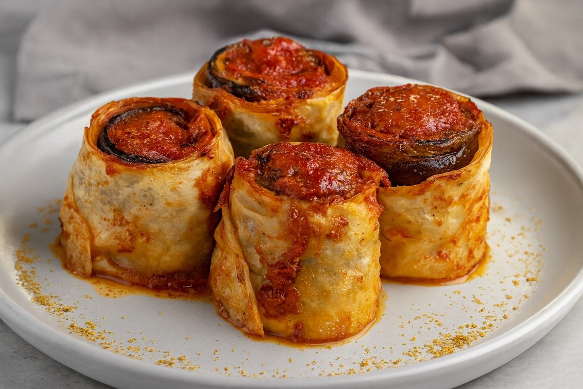 Хрупкави рулца с патладжан и кайма, увити в тънка кора и запечени с доматен сос, поднесени върху светла чиния в турско-битов стил, подходящи за сервиране.