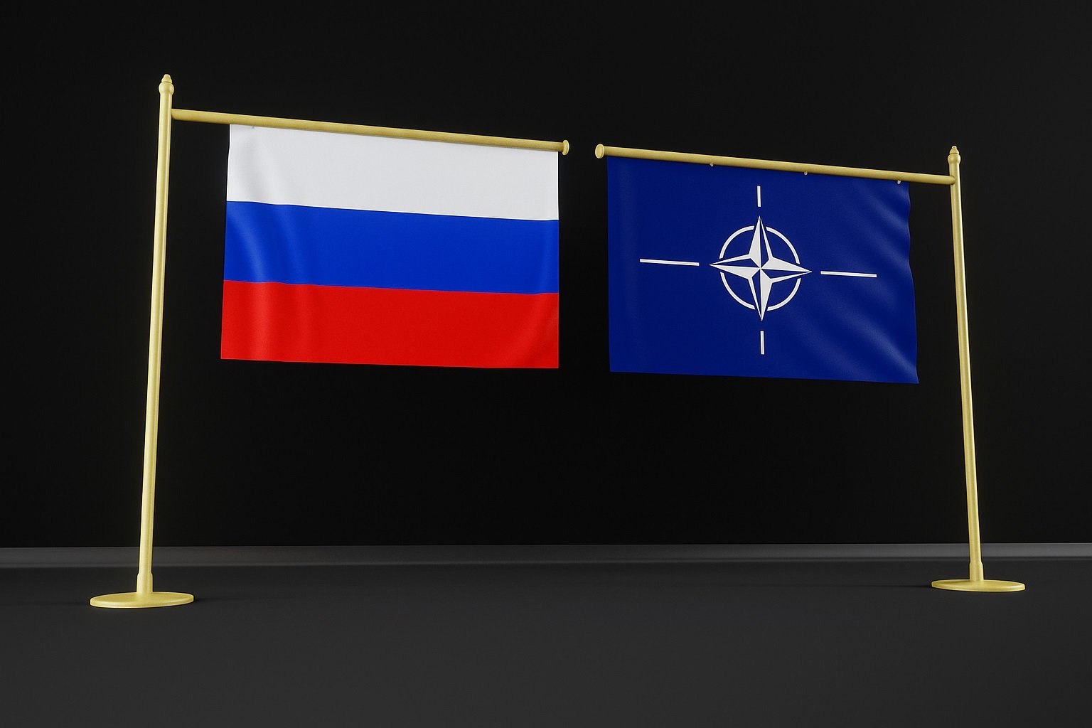 Руският и знамето на НАТО един до друг на тъмен фон – символично противопоставяне между Русия и Алианса.