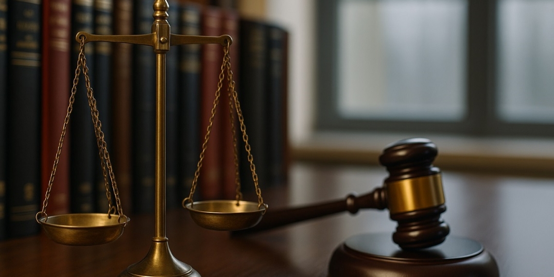 Реалистична снимка на съдебен чук и везни на правосъдието, поставени върху дървено бюро в адвокатски офис с рафтове с юридическа литература на заден план.