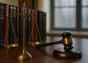 Реалистична снимка на съдебен чук и везни на правосъдието, поставени върху дървено бюро в адвокатски офис с рафтове с юридическа литература на заден план.