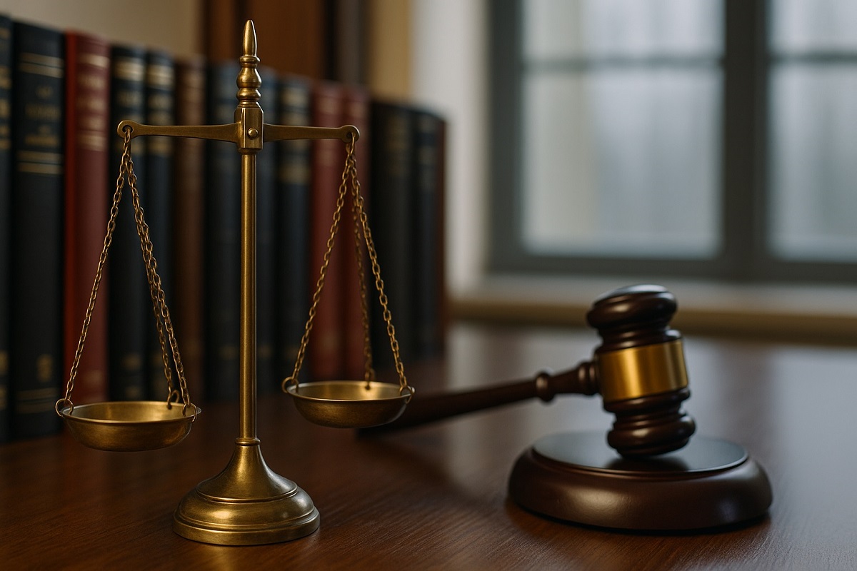 Реалистична снимка на съдебен чук и везни на правосъдието, поставени върху дървено бюро в адвокатски офис с рафтове с юридическа литература на заден план.