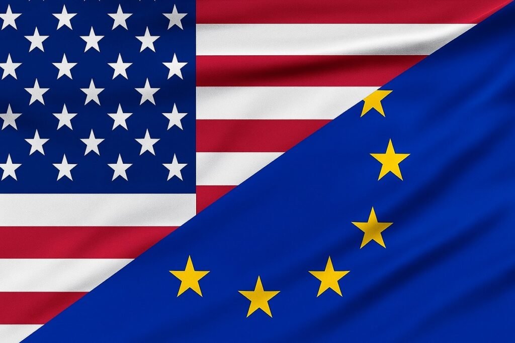 Комбинация от флаговете на Съединените щати и Европейския съюз, разположени диагонално един спрямо друг, със ясно видими звезди, ивици и син фон с жълти звезди, символизиращи партньорството между САЩ и ЕС.