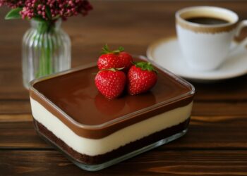 Елегантна снимка на трислоен десерт с шоколад, крем и блат, декориран с пресни ягоди, поставен върху стилна маса с цветя и чаша кафе на заден план.