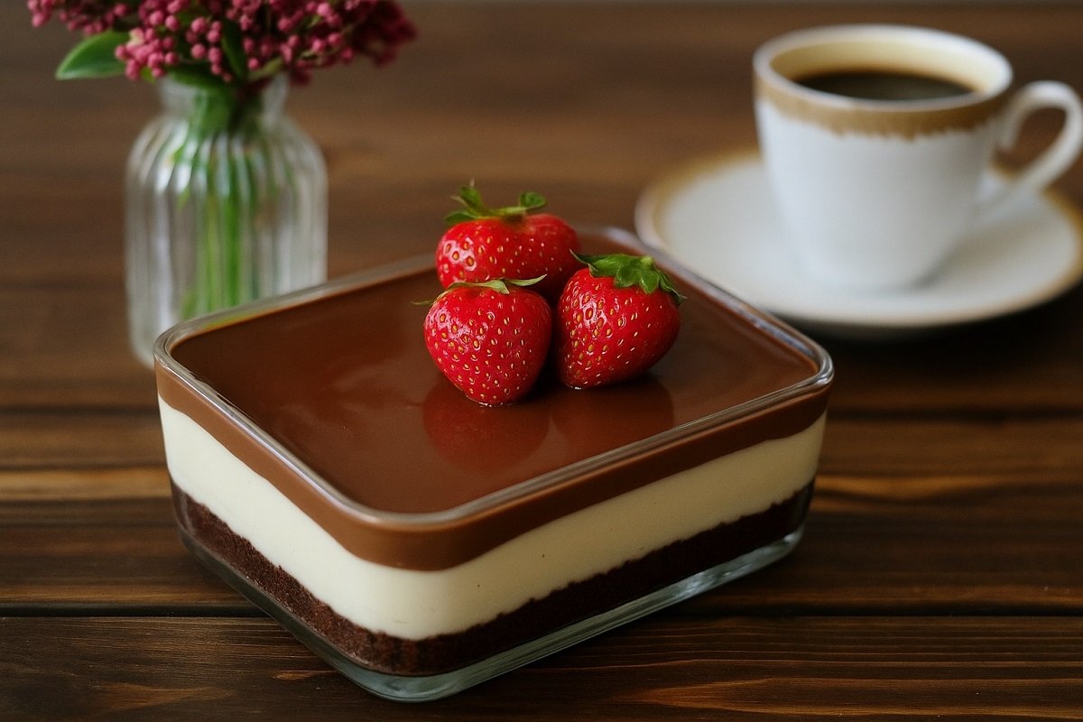 Елегантна снимка на трислоен десерт с шоколад, крем и блат, декориран с пресни ягоди, поставен върху стилна маса с цветя и чаша кафе на заден план.
