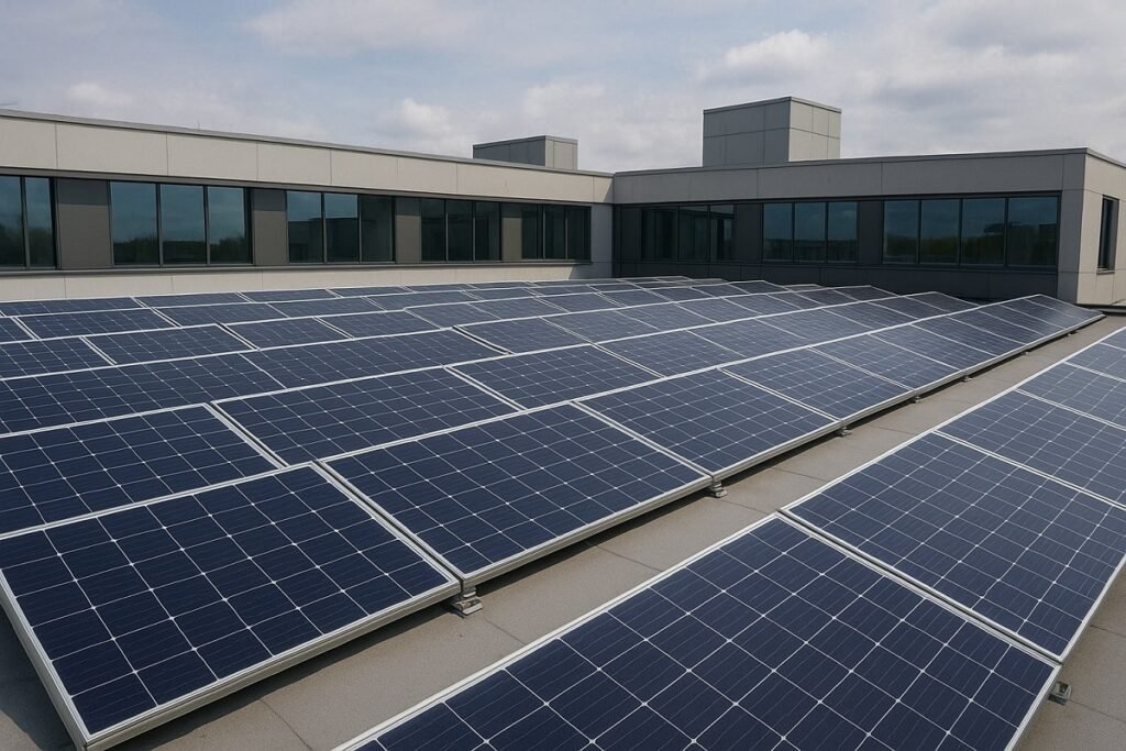 Фотоволтаични панели, монтирани върху общинска сграда в Долни чифлик