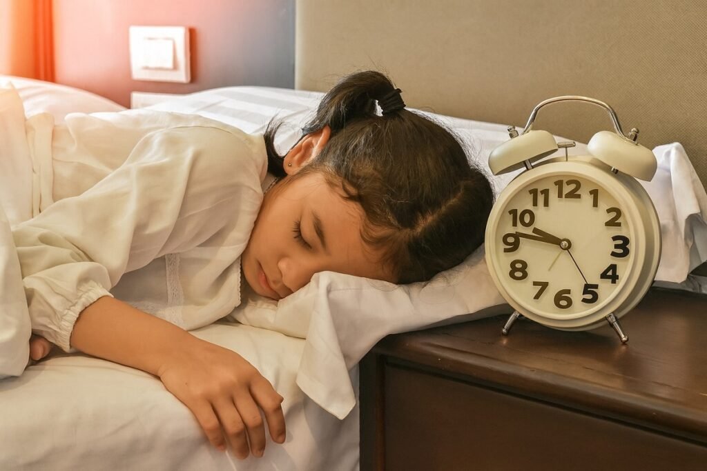 Спящо дете на легло до будилник – илюстрация, свързана с нарушения на съня и сънна апнея при деца