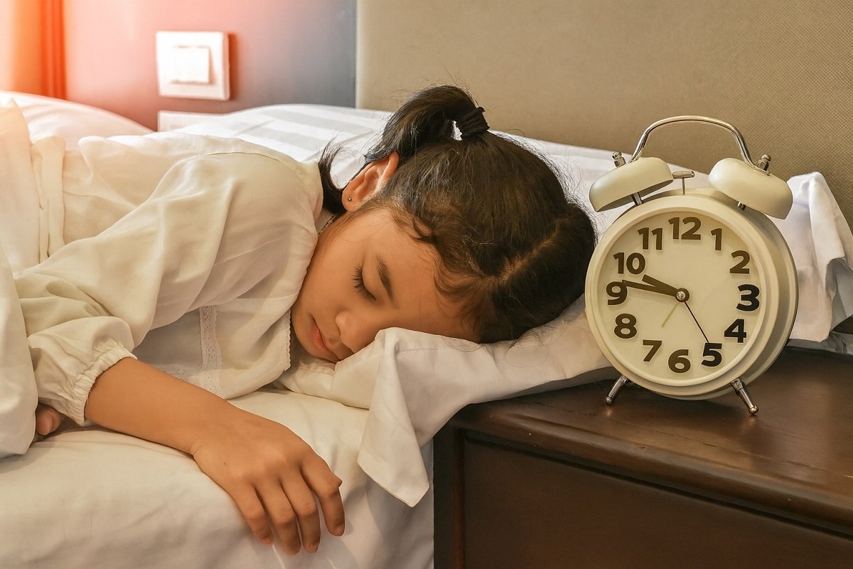 Спящо дете на легло до будилник – илюстрация, свързана с нарушения на съня и сънна апнея при деца