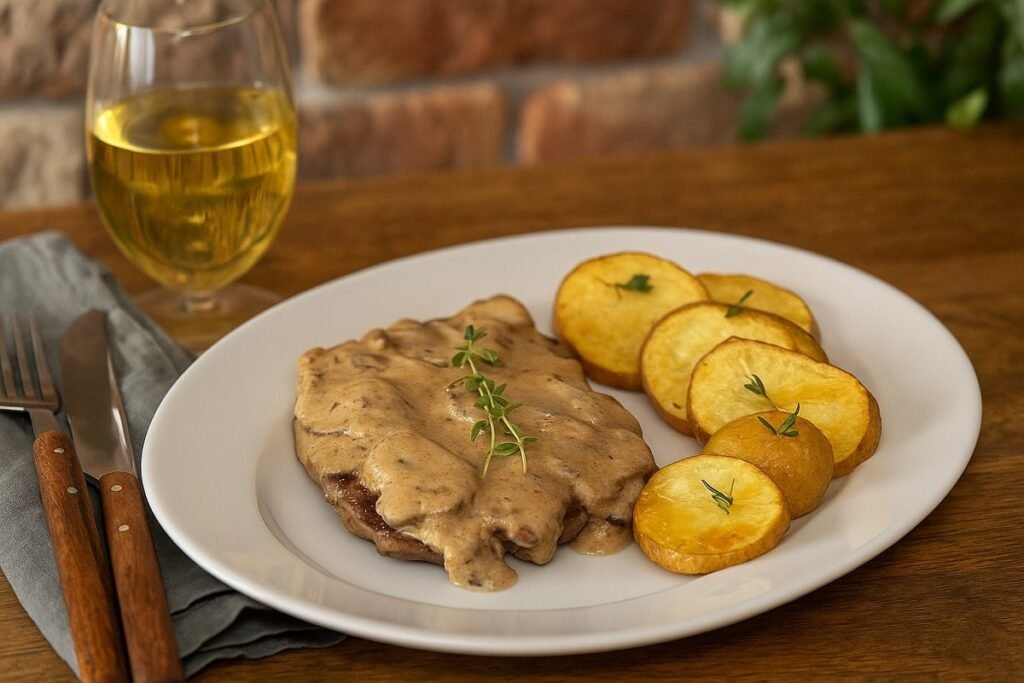 Домашно приготвен Стейк Даян с гъбен сметанов сос, сервиран с печени картофи и чаша бяло вино на дървена маса в уютна домашна обстановка.