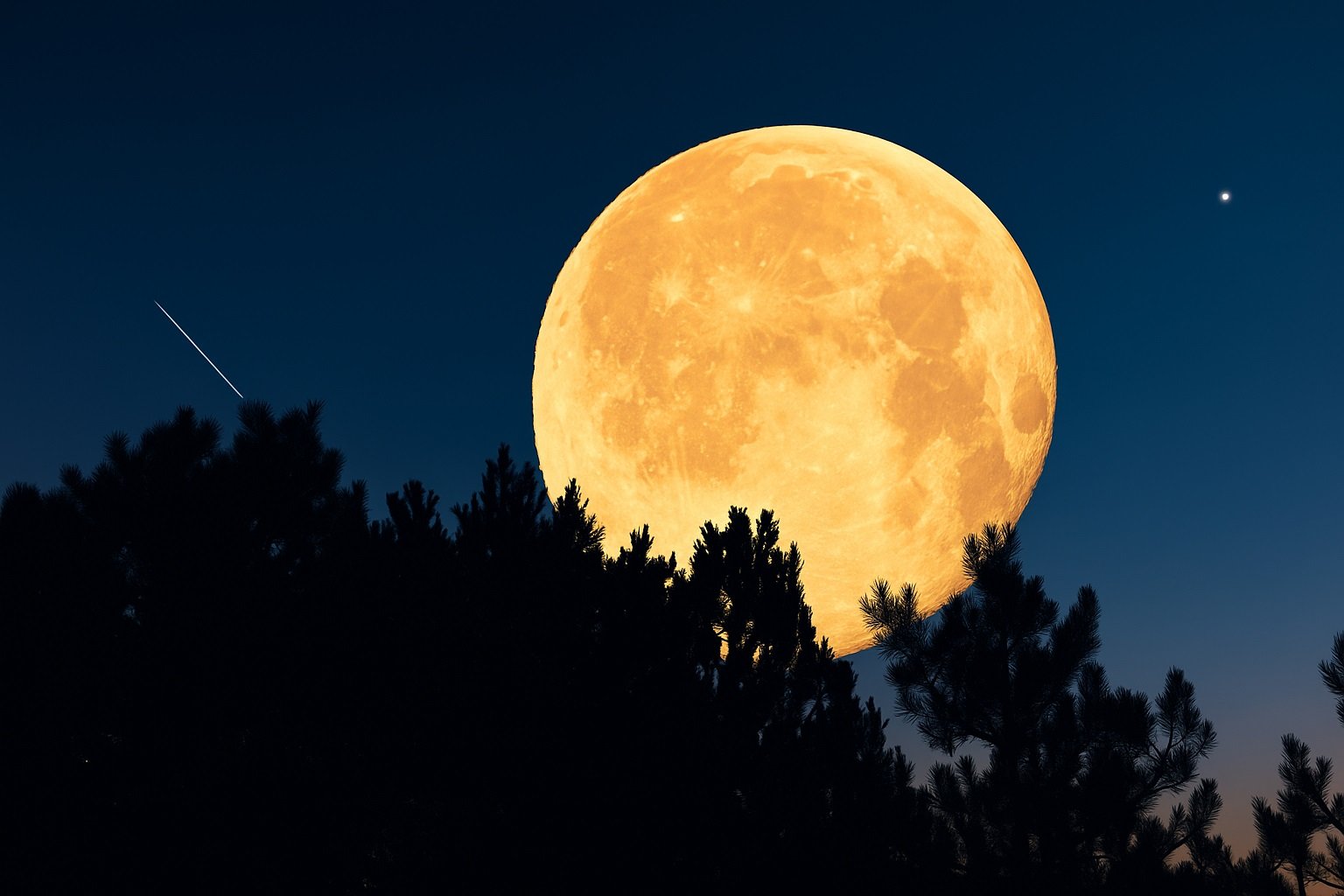 „Суперлуна изгрява над тъмни силуети на дървета при ясно нощно небе – голяма, златиста Луна осветява хоризонта.“