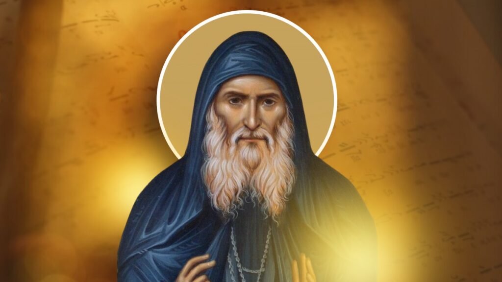 Икона на свети Гавриил Ургебадзе върху златист фон, използвана по повод изложението на неговите лични вещи и мощи във Варна.