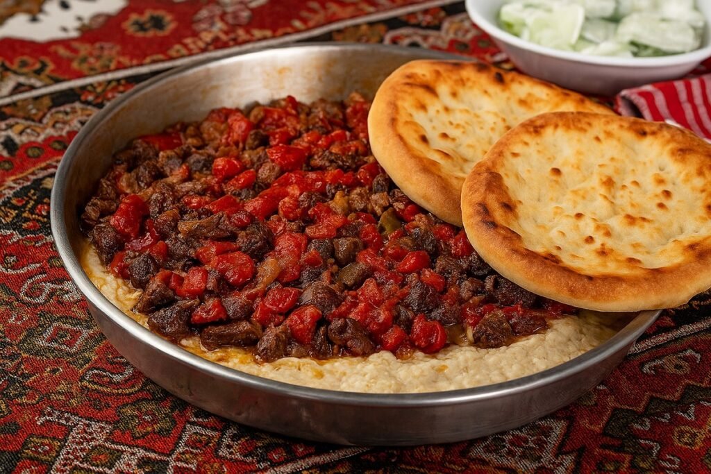 Традиционна турска тава с месо и зеленчуци, поднесена на ориенталска маса с хляб и подправки — ароматно домашно ястие, вдъхновено от турската кухня.