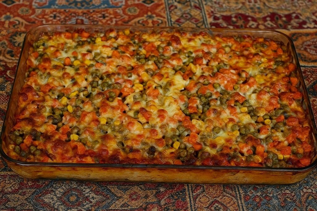 Прясно изпечен турски кумпир – запечено картофено пюре с моркови, грах, царевица и разтопен кашкавал, поднесен в стъклена тава върху дървена маса с ориенталски мотиви.