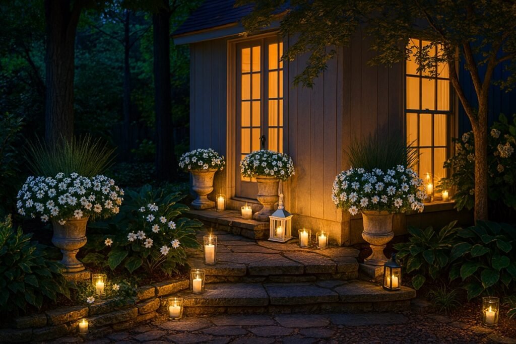 Вечерна градина с каменни стъпала, светещи фенери и саксийни бели цветя пред уютна къща с топла светлина от прозорците