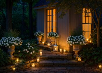 Вечерна градина с каменни стъпала, светещи фенери и саксийни бели цветя пред уютна къща с топла светлина от прозорците