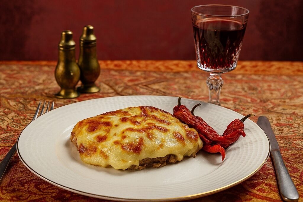 Ароматно ястие с плътен слой запечен сос върху месна основа, поднесено с сушени чушки и чаша червено вино в кристална чаша върху ориенталска покривка.