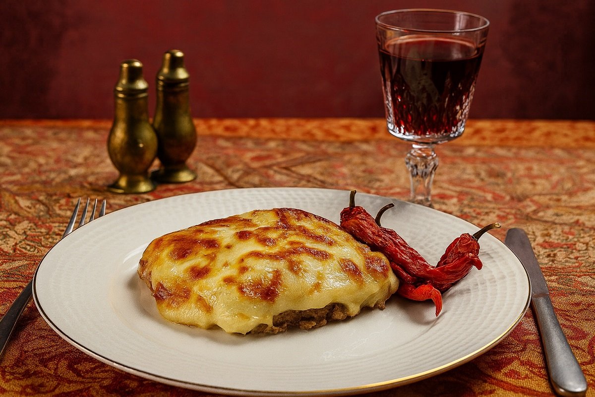 Ароматно ястие с плътен слой запечен сос върху месна основа, поднесено с сушени чушки и чаша червено вино в кристална чаша върху ориенталска покривка.