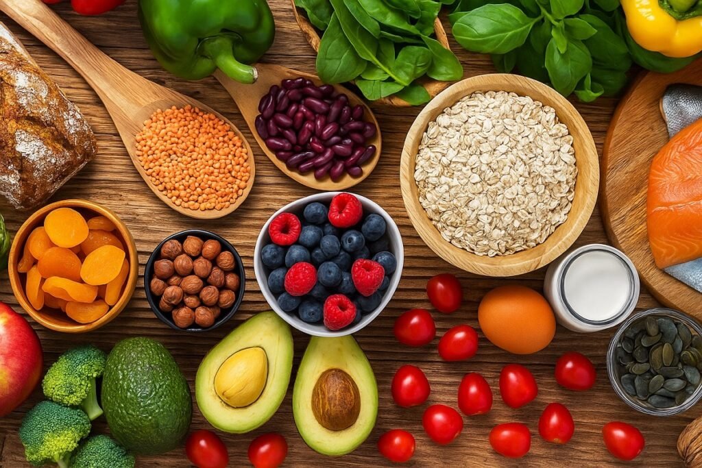 Разнообразие от здравословни храни: плодове, зеленчуци, ядки, семена, овес и сьомга върху дървена повърхност