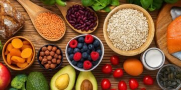 Разнообразие от здравословни храни: плодове, зеленчуци, ядки, семена, овес и сьомга върху дървена повърхност