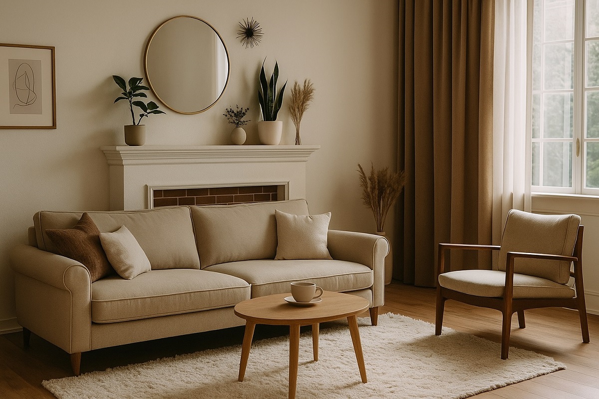 Светъл и уютен хол с камина, голям килим, зелени растения и модерни мебели в топли тонове, подреден в балансиран и хармоничен интериор.