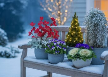 Зимни саксийни цветя на открита пейка – циклама, паника, декоративно зеле и мини елха с лампички върху заснежен фон