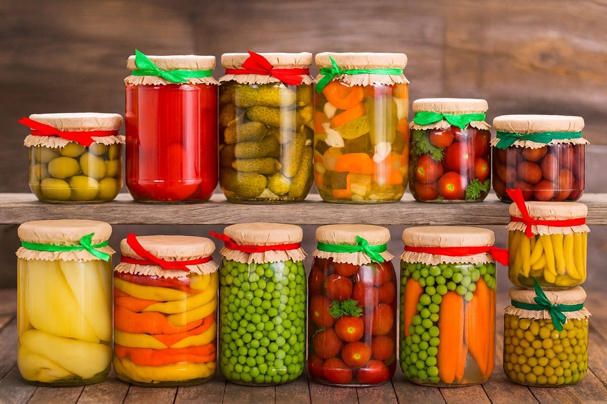 Цветни буркани с домашно приготвена зимнина – кисели краставички, чушки, домати, грах и други зеленчуци, подредени на рафт