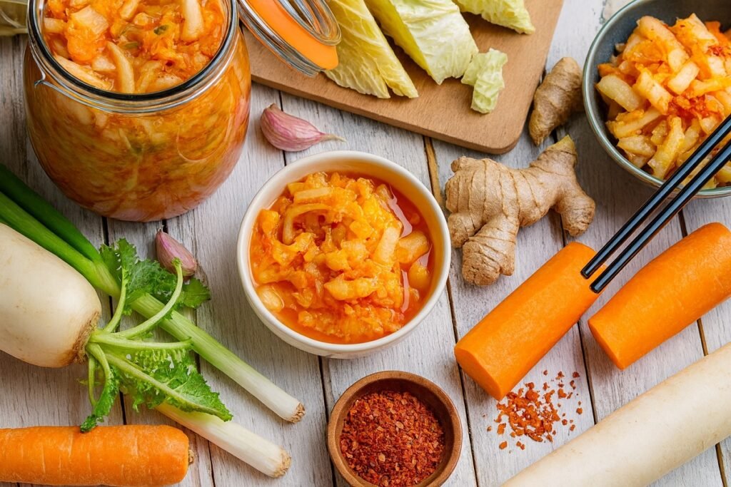 Ферментирали зеленчуци в буркани и купички – моркови, ряпа, зеле и подправки, подготвени за зимно съхранение чрез млечнокисела ферментация.