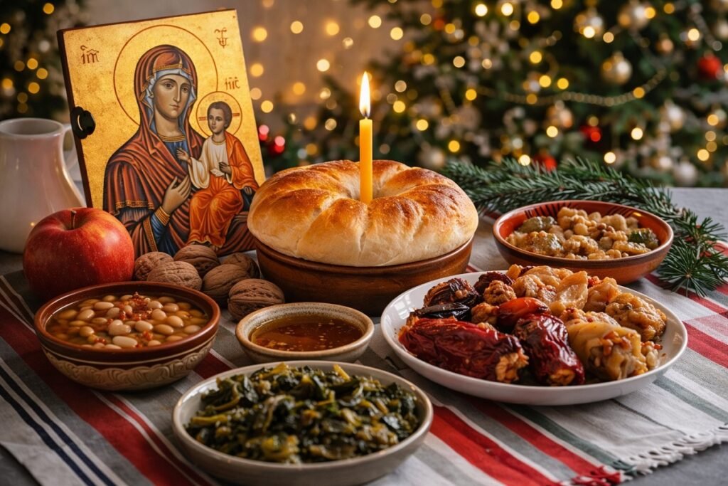 Традиционна трапеза за Бъдни вечер с постни ястия, обредна питка със запалена свещ и икона на Света Богородица, заснета в съвременен уютен интериор с топло осветление, хоризонтален кадър.