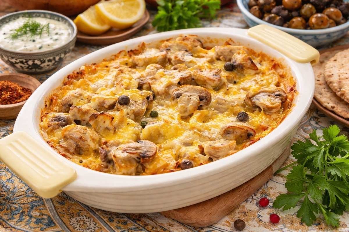 Домашна гъбена запеканка с картофи и разтопен кашкавал, сервирана в керамична тава с ориенталски акценти, заснета хоризонтално на топла маса с подправки и хляб.
