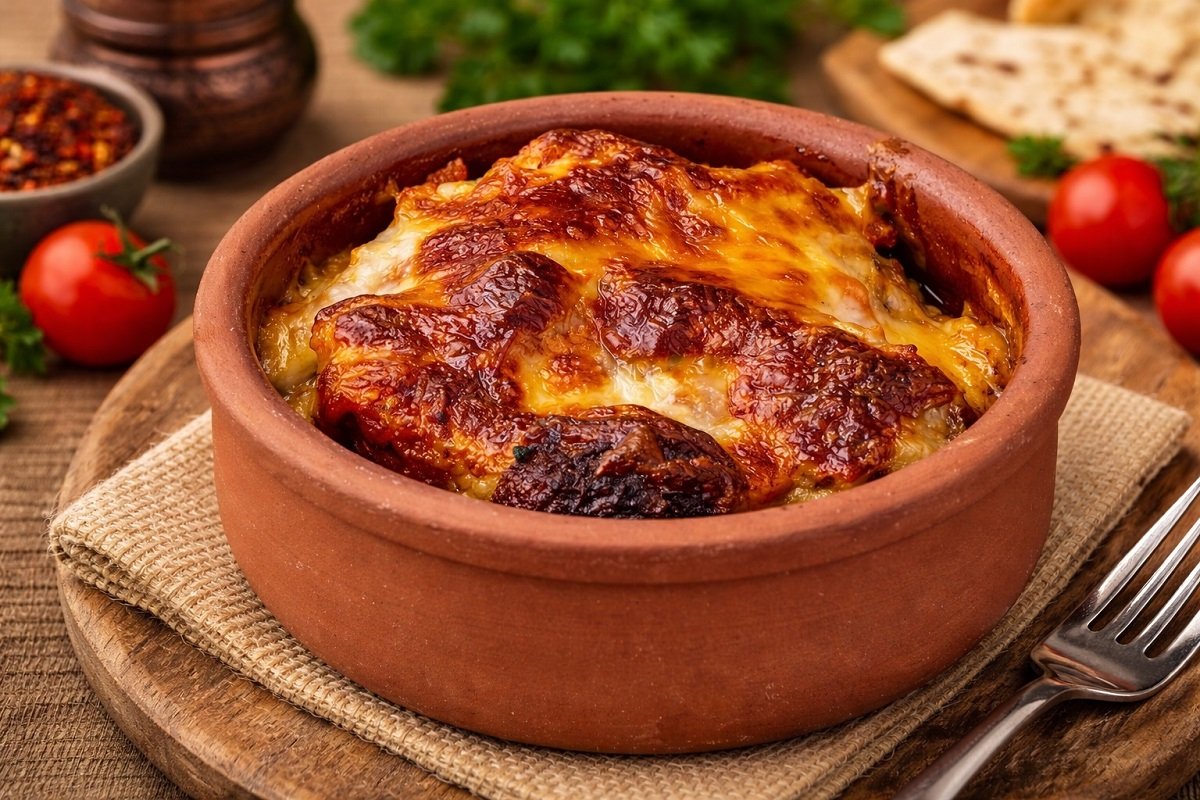 Гювече със сочни кюфтета в доматен сос и разтопен кашкавал, запечено до златисто
