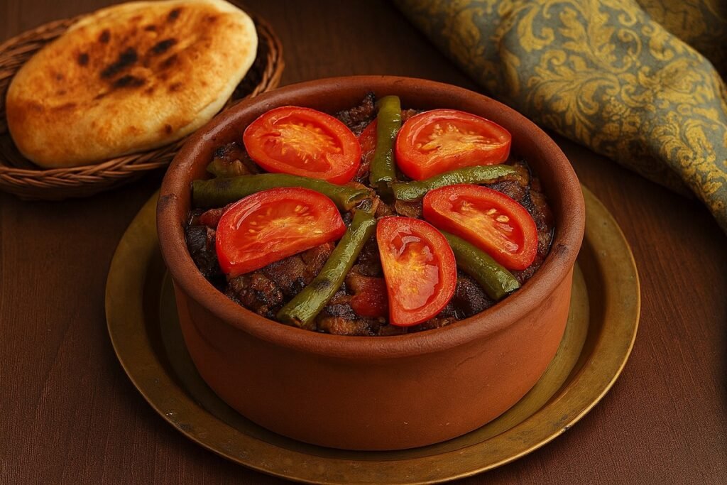 Домашно приготвен патладжанен кебап в гювеч, украсен с домати и зелени чушки, поднесен върху месингова тава до плитък панер с топла питка в ориенталски стил.