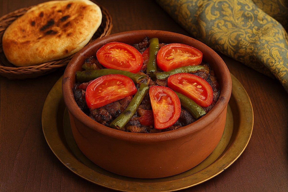 Домашно приготвен патладжанен кебап в гювеч, украсен с домати и зелени чушки, поднесен върху месингова тава до плитък панер с топла питка в ориенталски стил.