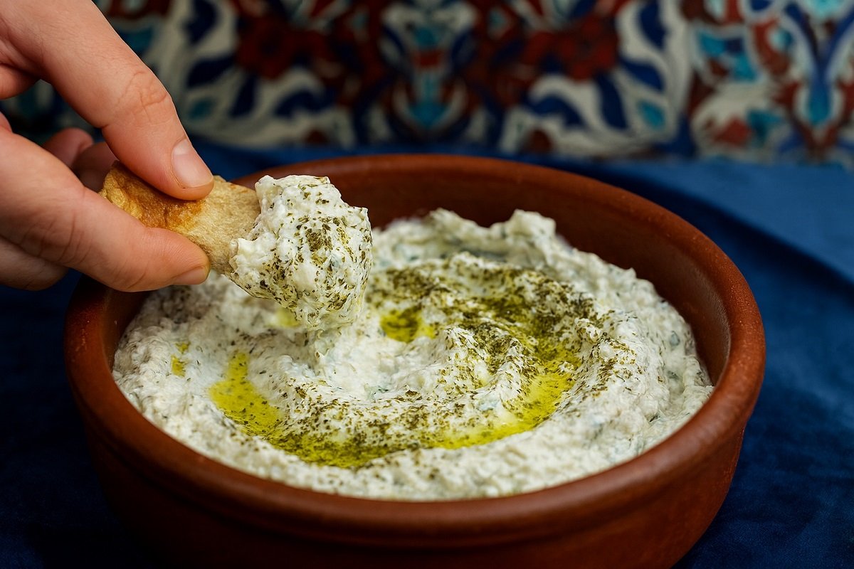 Кремообразно хайдари в глинена купа, поръсено със сушена мента и зехтин, поднесено с топъл хляб и ориенталски елементи на фона