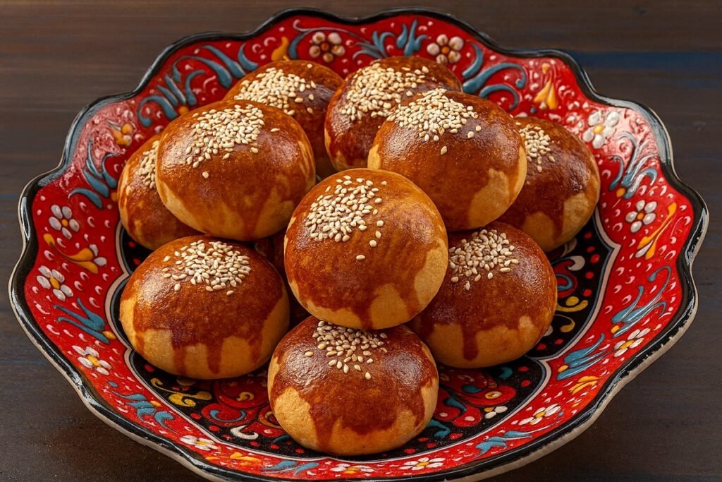 Домашни сусамени погачи, поднесени в декоративна керамична чиния с фини турски орнаменти, заснети хоризонтално, без надписи.