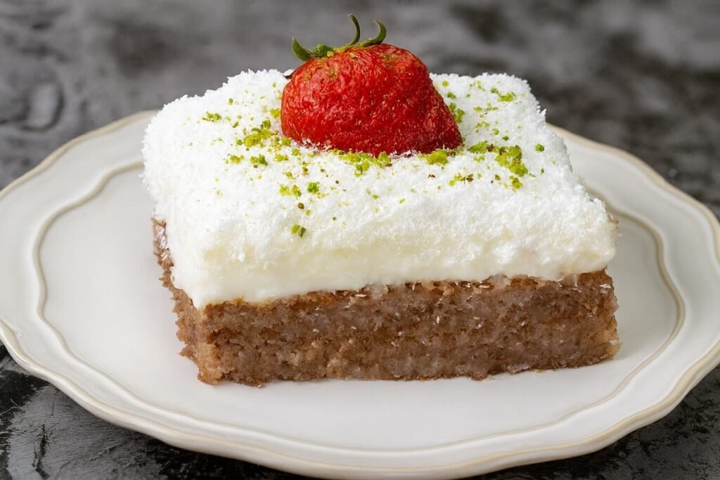 Кипърски сладкиш с орехов блат, нежен крем и кокосова поръска, поднесен с ягода и шамфъстък