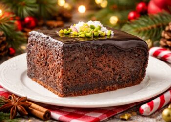 Сочен шоколадов сладкиш с гланцова шоколадова глазура, поръсен с шамфъстък и кокос, поднесен върху бяла чиния с коледна декорация и меки празнични светлини на заден план.