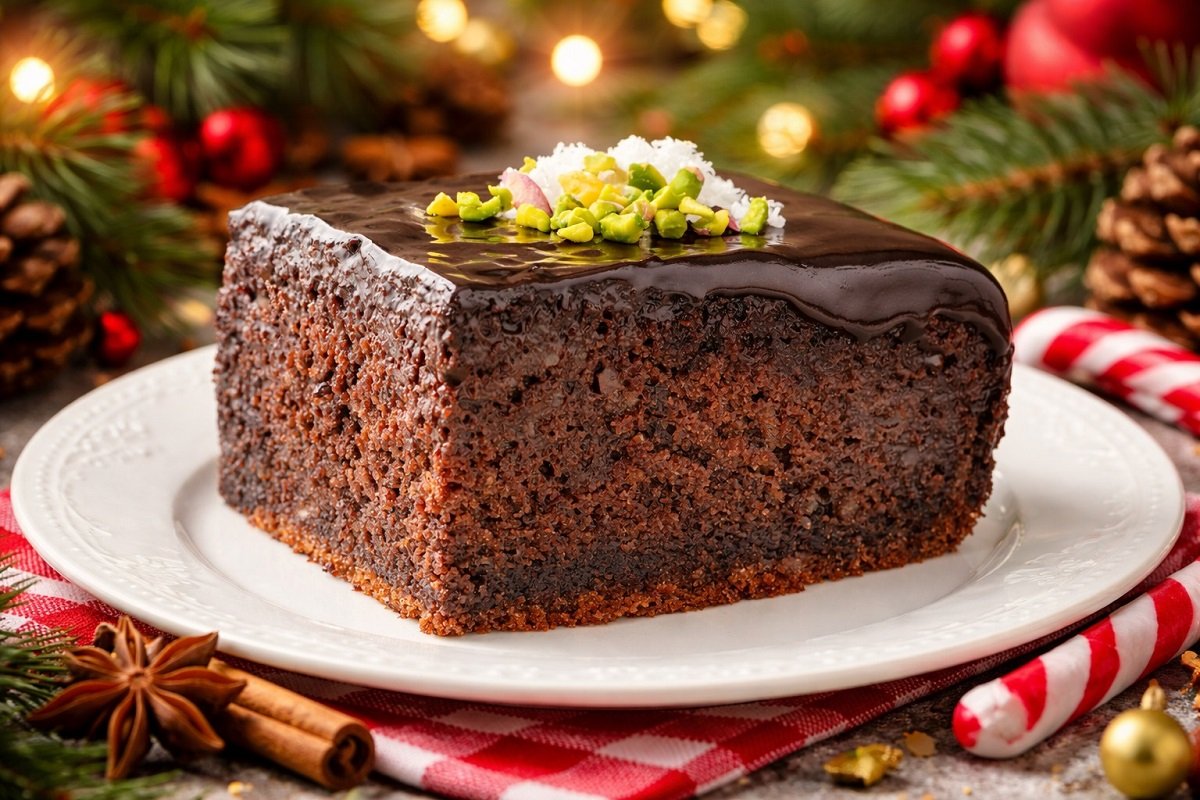 Сочен шоколадов сладкиш с гланцова шоколадова глазура, поръсен с шамфъстък и кокос, поднесен върху бяла чиния с коледна декорация и меки празнични светлини на заден план.