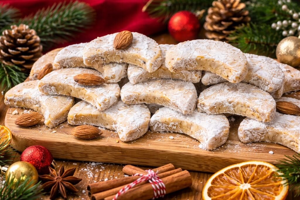 Коледни бадемови курабии във формата на полумесец, поръсени с пудра захар и подредени върху дървена дъска, с празнична украса от елхови клонки, шишарки, канела и сушени портокали на заден план.